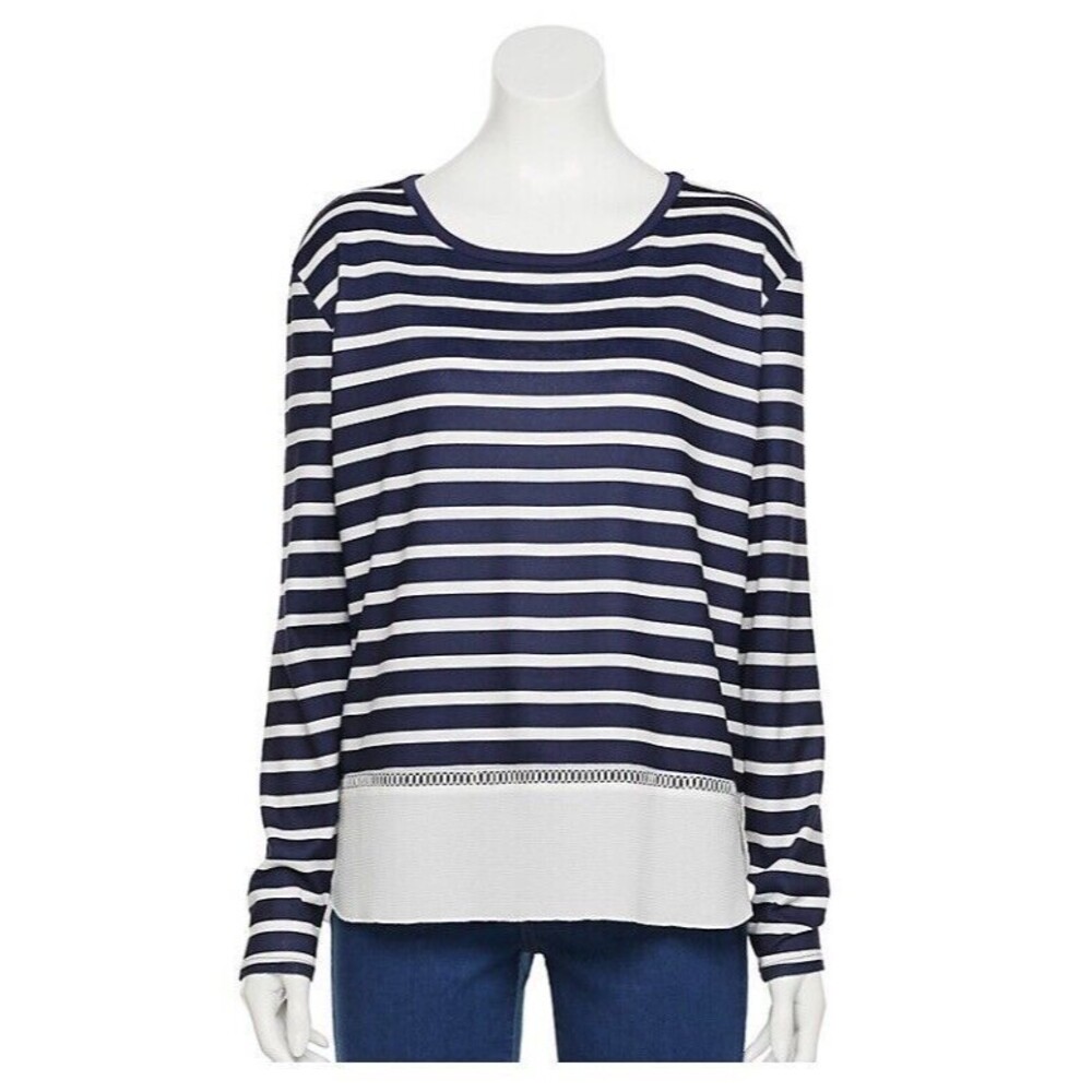 CATHY DANIELS Size XL Women’s Mock Layer Blue White Stripe Top Poly Blend NWT